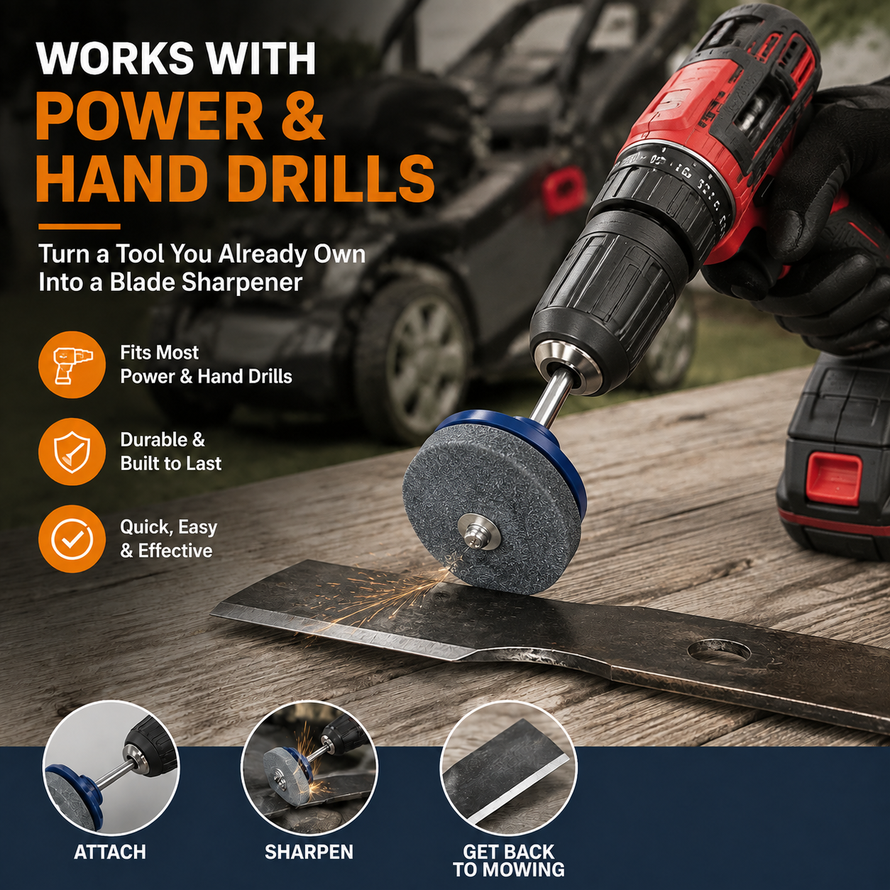 🛠️ Mower Blade Sharpening Attachment – Fits Most Drills, Fast & Simple