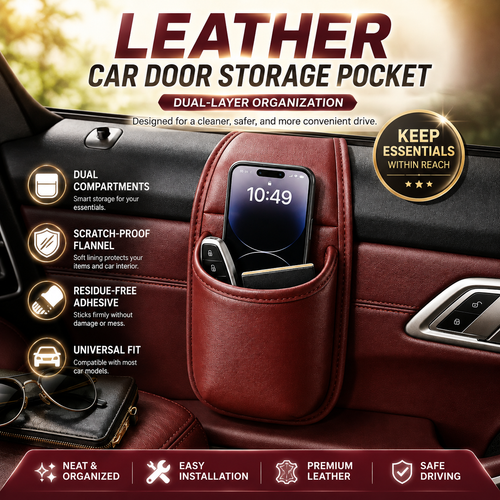 🧰Leather Double-Layer Car Door Storage Pocket – Scratch-Proof Lining, Adhesive-Free, Organizes Keys & Phones
