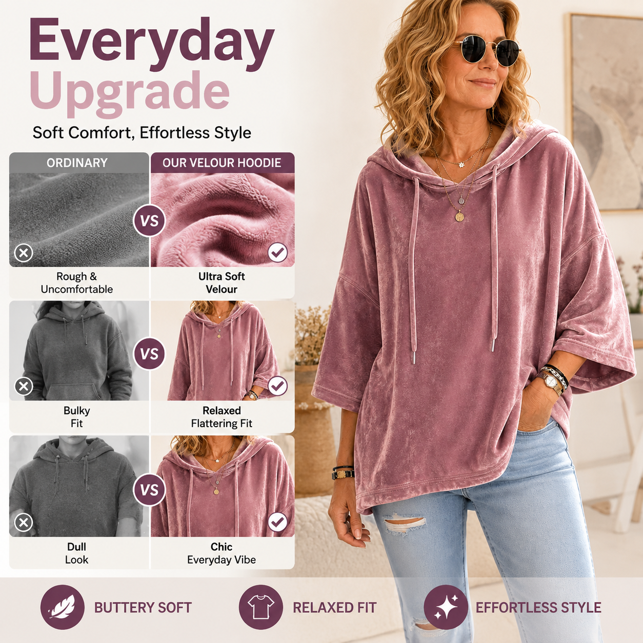 👗 Women's Minimalist Velour Hoodie – Loose Fit, 3/4 Sleeves, Soft Velvet Pullover for Fall & Winter