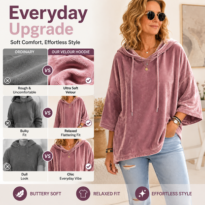 👗 Women's Minimalist Velour Hoodie – Loose Fit, 3/4 Sleeves, Soft Velvet Pullover for Fall & Winter