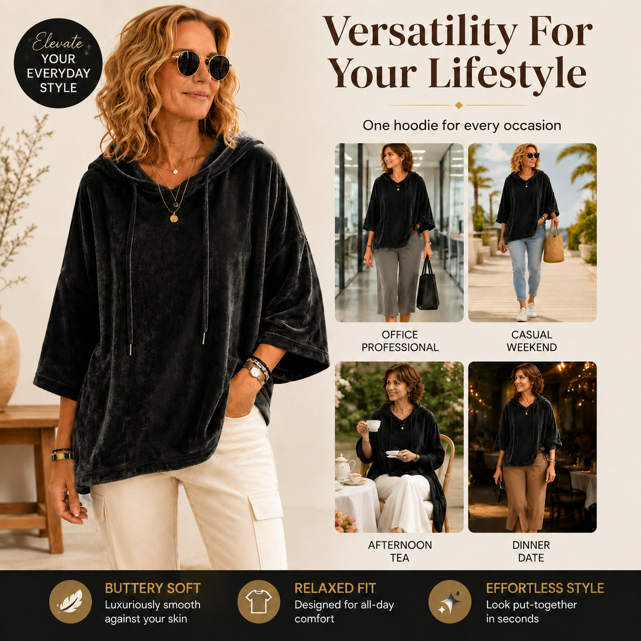 👗 Women's Minimalist Velour Hoodie – Loose Fit, 3/4 Sleeves, Soft Velvet Pullover for Fall & Winter