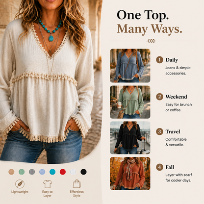 🌾Boho Fringe V-Neck Top – Flowy, Loose & Tassel Hem