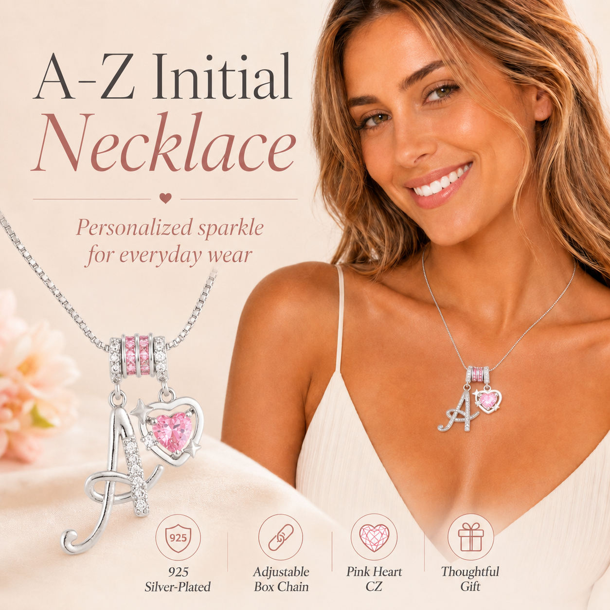 🌸 Dainty 3-Layer Initial Necklace – Silver-Plated Choker with Blush Pink CZ Charm