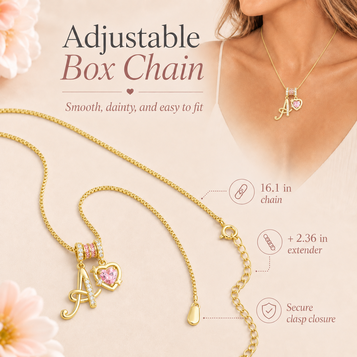 🌸 Dainty 3-Layer Initial Necklace – Silver-Plated Choker with Blush Pink CZ Charm