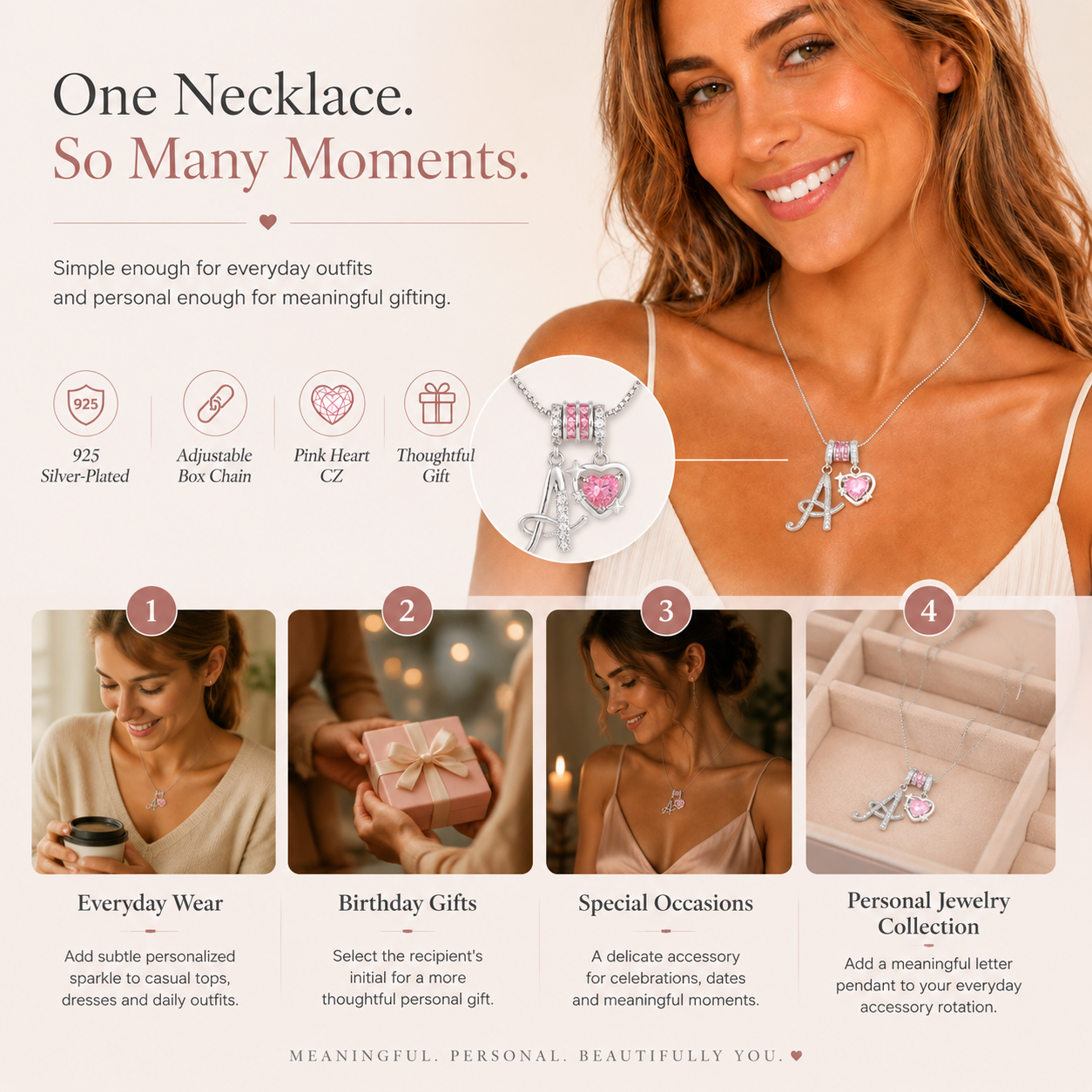 🌸 Dainty 3-Layer Initial Necklace – Silver-Plated Choker with Blush Pink CZ Charm