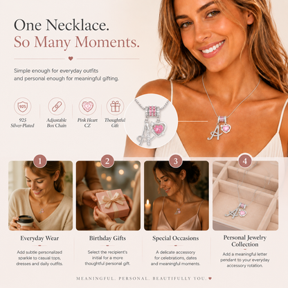 🌸 Dainty 3-Layer Initial Necklace – Silver-Plated Choker with Blush Pink CZ Charm